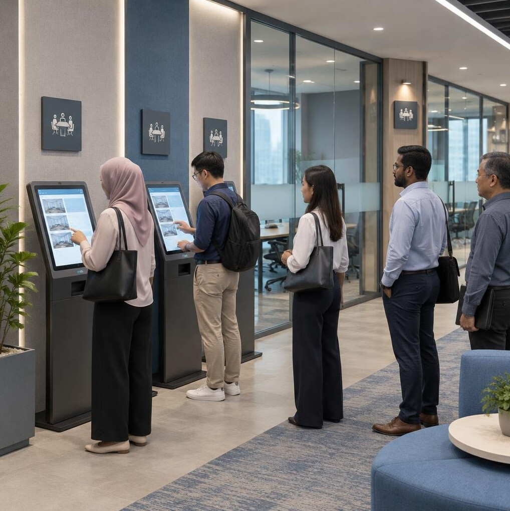 Visitors queuing at interactive room reservation kiosks in a business center