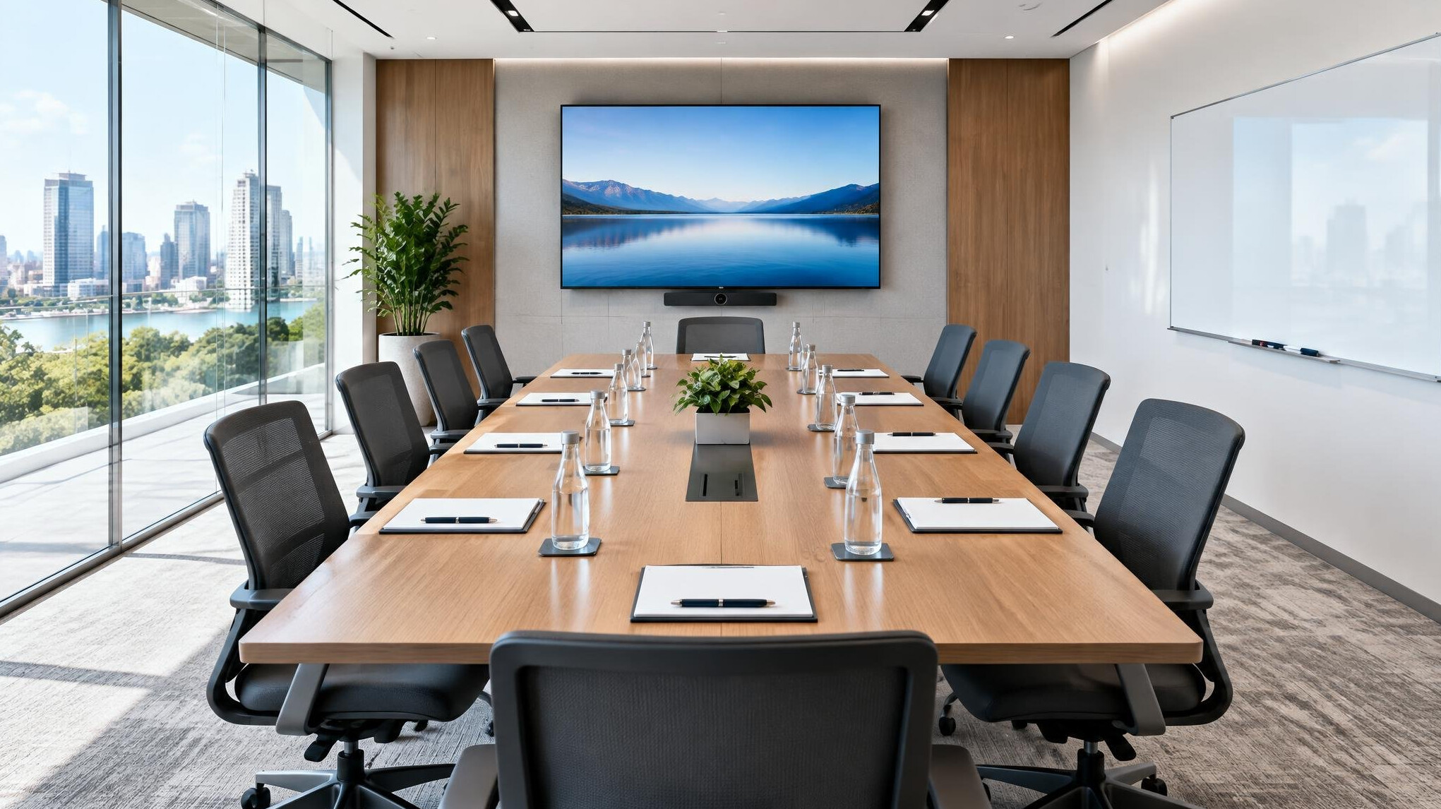 Bright modern meeting room with a large table and video display
