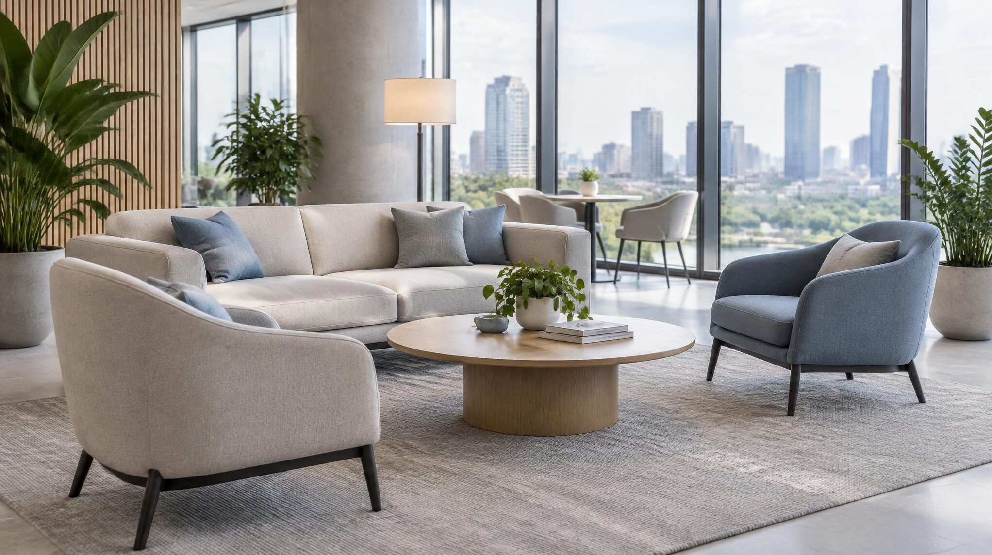 Quiet business center lounge with seating and plants