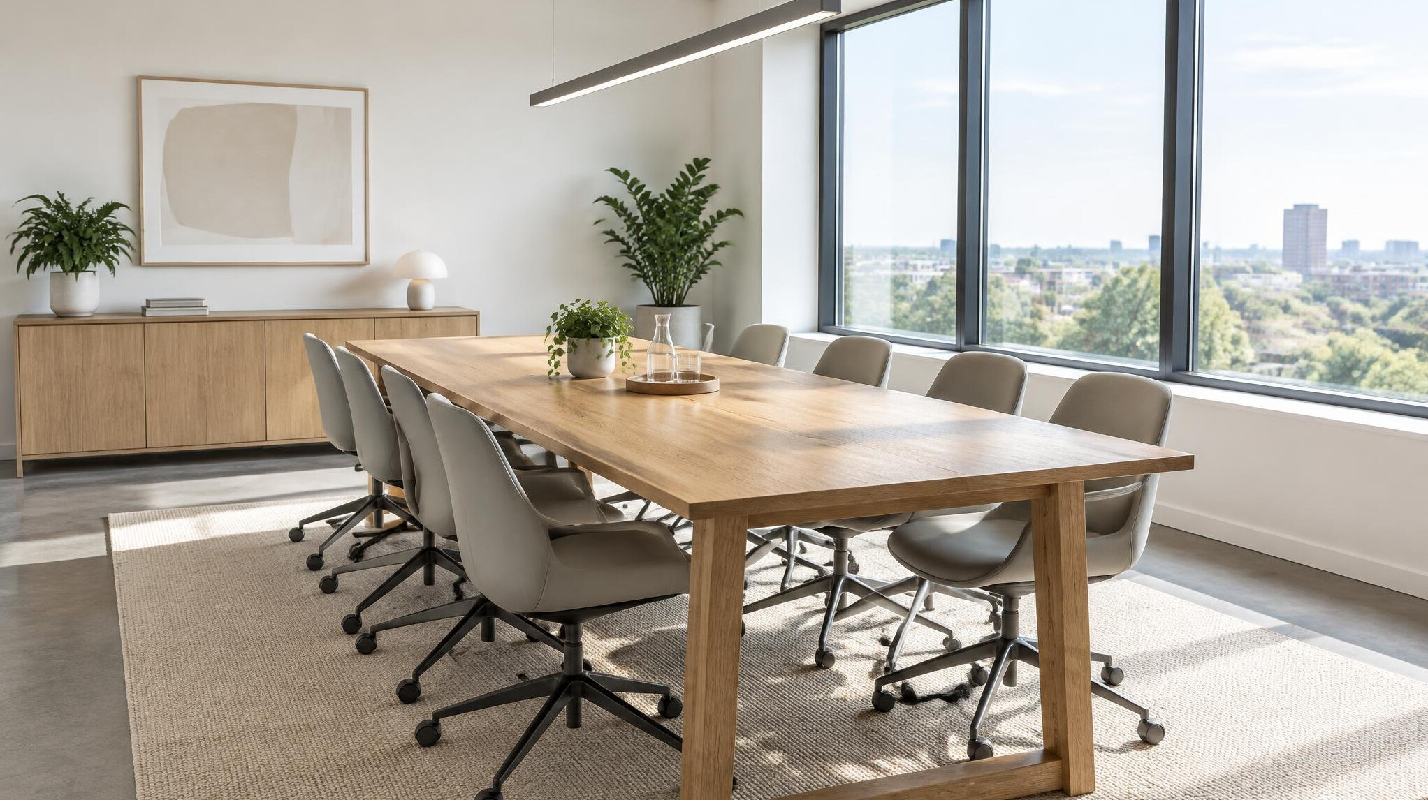 Bright office interior with a table and chairs near large windows