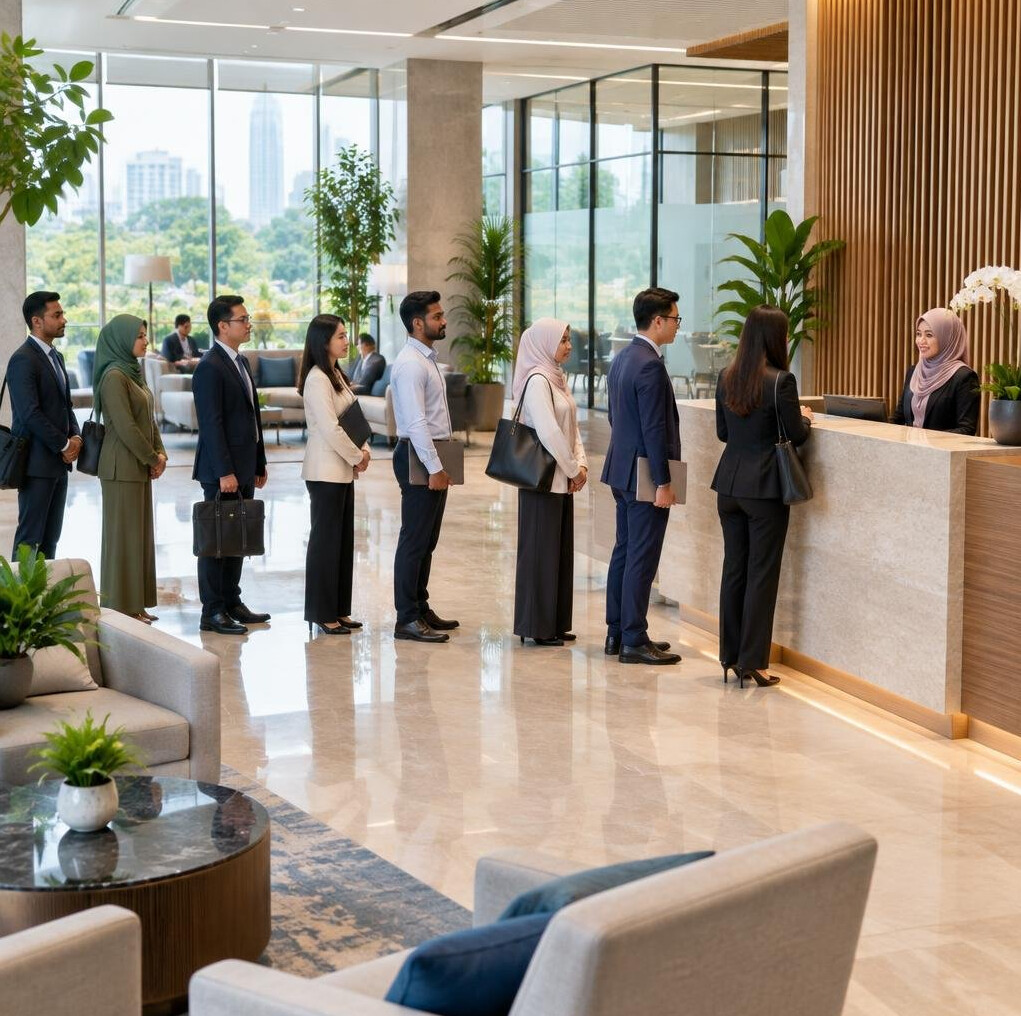 Orderly queue of business professionals at a business center reception desk